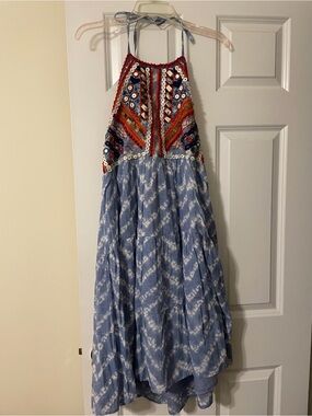 RAGA Blue Tie-Dye Halter Dress with Embroidered Bodice